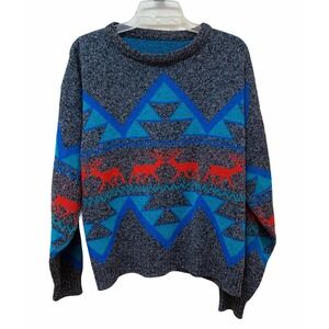 Vintage Acrylic Ski Sweater Fair Isle Deer Bright 1980's Retro Made in USA Fit L